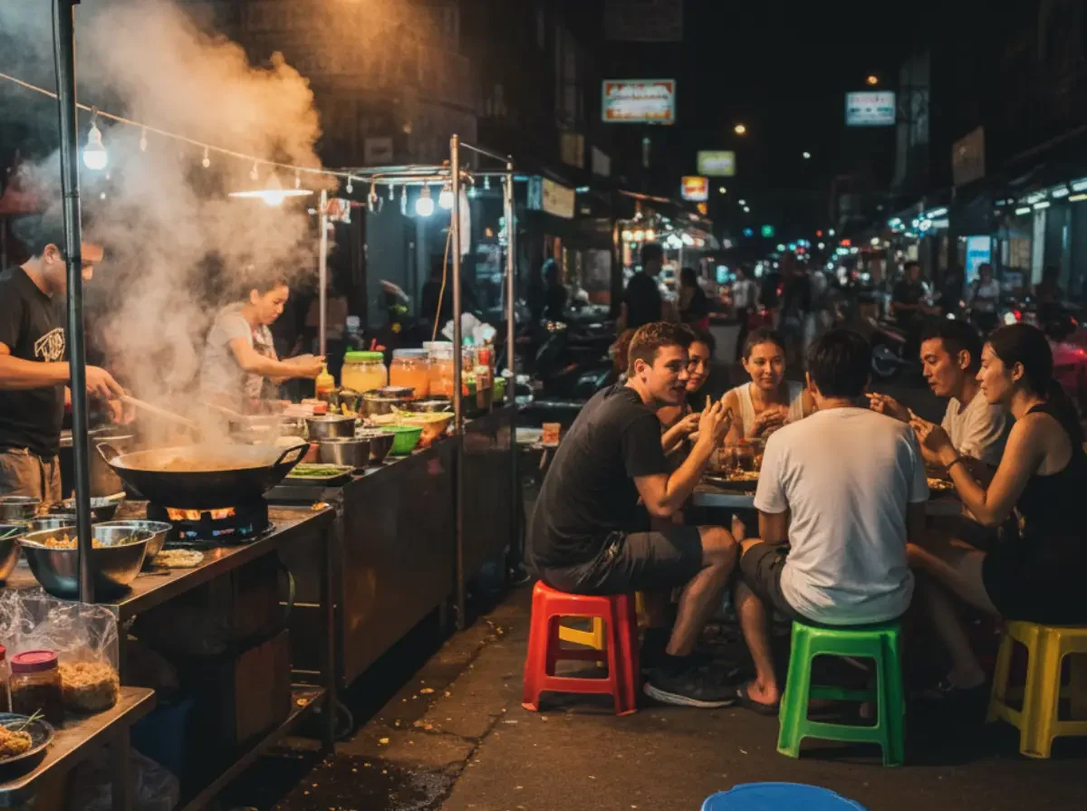 Bunte Plastikhocker vor einer Garküche in Thailand an der Einheimische und Urlauber gemeinsam authentisches Streetfood essen