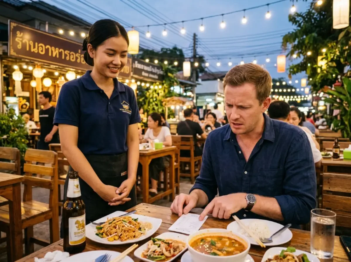 Ein gestresster Urlauber reklamiert im Restaurant die Rechnung während die thailändische Kellnerin ruhig und höflich lächelt