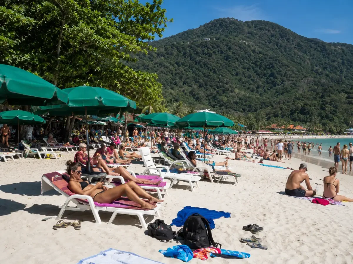 Ein völlig überfüllter Strand in Thailand während der Hochsaison der komplett mit Liegestühlen und Urlaubern vollgestellt ist