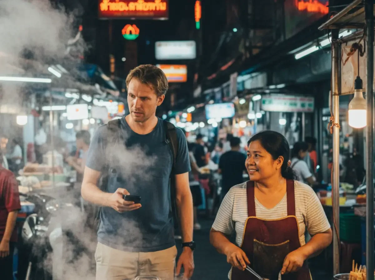 Ein westlicher Tourist steht leicht überfordert vor einer dampfenden thailändischen Garküche während der einheimische Verkäufer freundlich lächelt