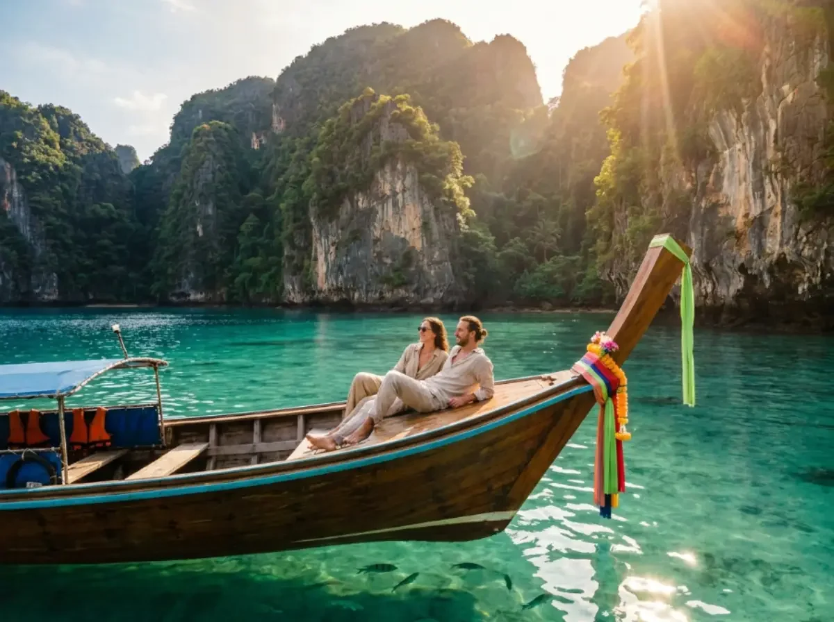 Zwei Reisende genießen einen individuellen Urlaubsausflug auf einem privaten Longtail Boot vor den Kalksteinfelsen in Thailand