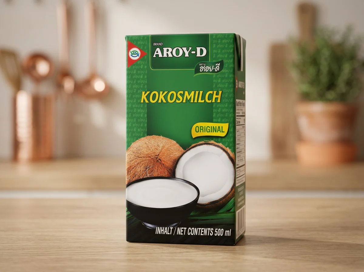 Eine Packung Aroy-D Kokosmilch auf einem Küchentisch.