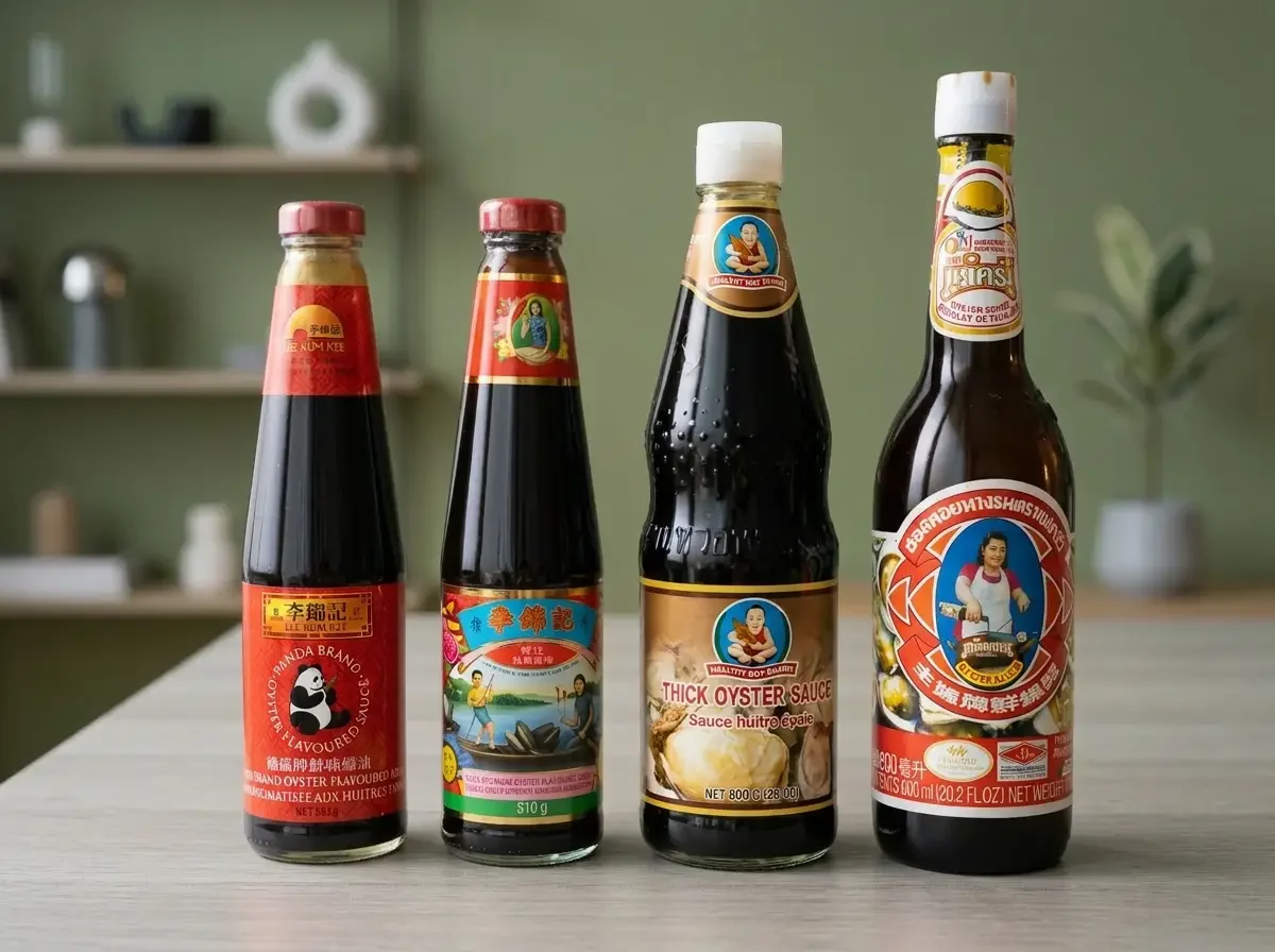 Thai Saucen Sortiment mit Austernsauce und würzigen dunklen Saucen in mehreren Flaschen auf dem Tisch