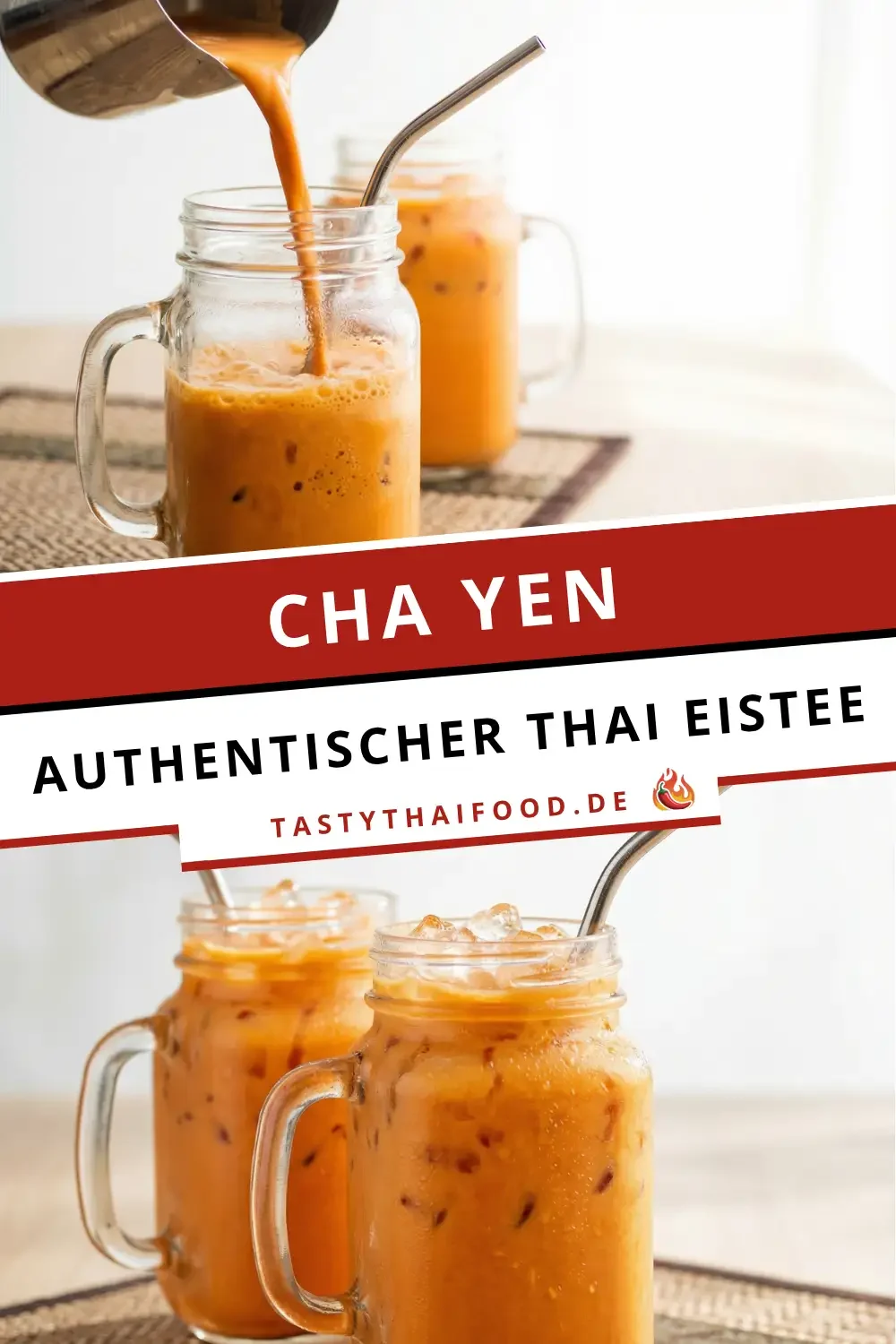 Ein klares Glas gefüllt mit leuchtend orangefarbenem thailändischen Eistee auf reichlich zerstoßenem Eis, gekrönt von einer Schicht weißer, flüssiger Kondensmilch. Auf der Grafik steht der Text: "Authentischer Thai Eistee (Cha Yen)".