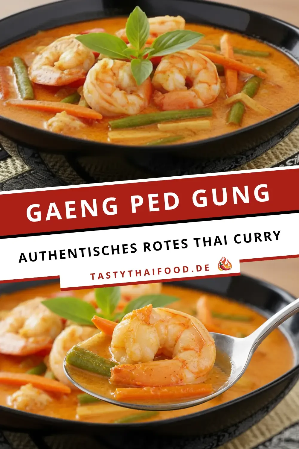 Ein leuchtend rotes Thai-Curry mit saftigen Garnelen, thailändischen Auberginen und frischen, roten Chilistreifen angerichtet ist. Im Hintergrund ist eine rustikale Holzoberfläche zu sehen. Auf der Grafik steht der Text: "Authentisches Rotes Thai Curry – Gaeng Ped Gung".