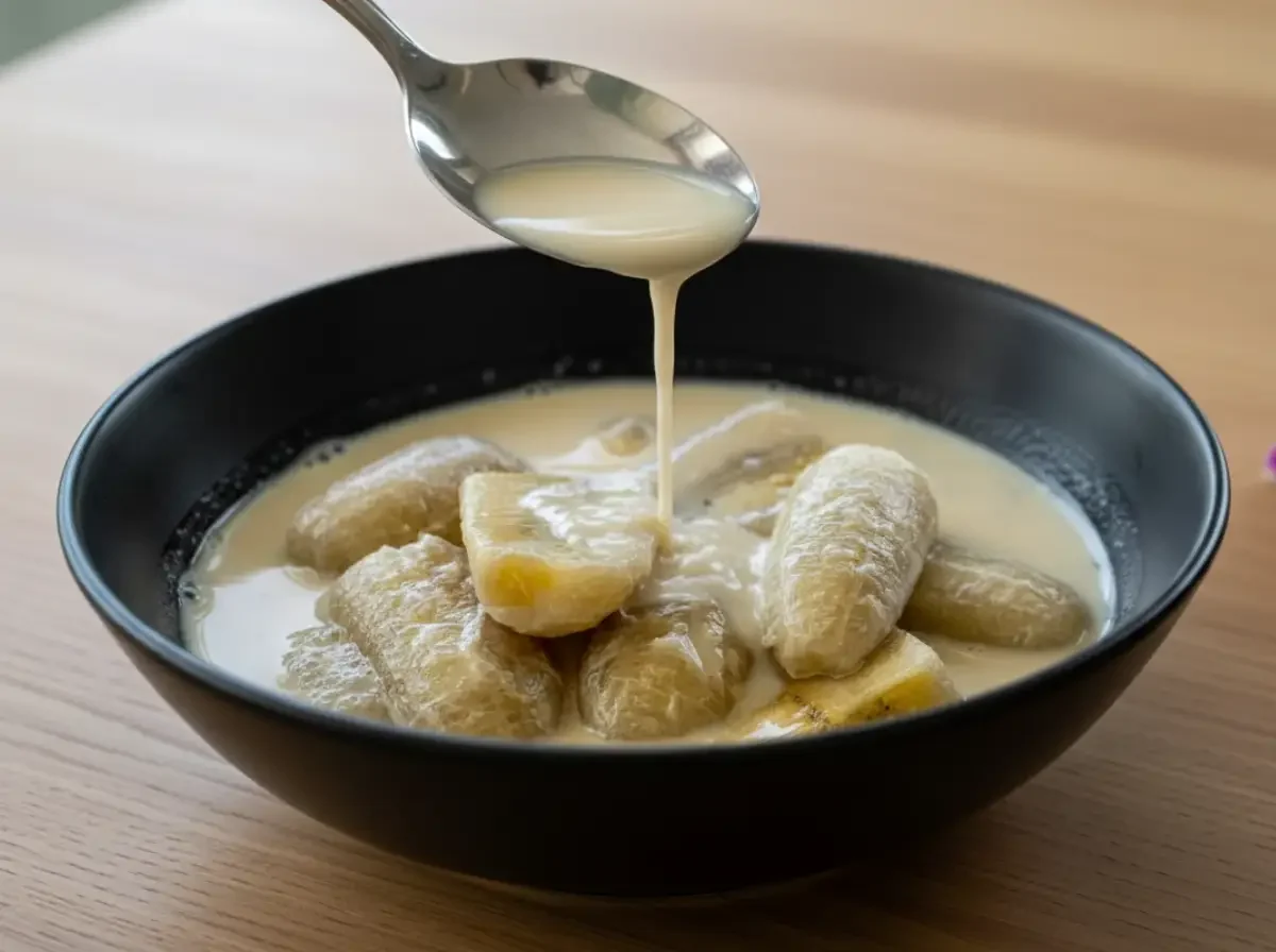 Cremige Soße wird über thailändische Bananen in Kokosmilch (Kluai Buat Chi) in einer schwarzen Schüssel gegossen.