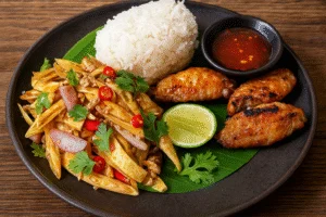 Bananenblütensalat mit Sticky-Rice, gegrillten Hähnchenflügel, Sweet-Chili-Sauce und einer Limettenscheibe angerichet auf einem dunklem Teller.