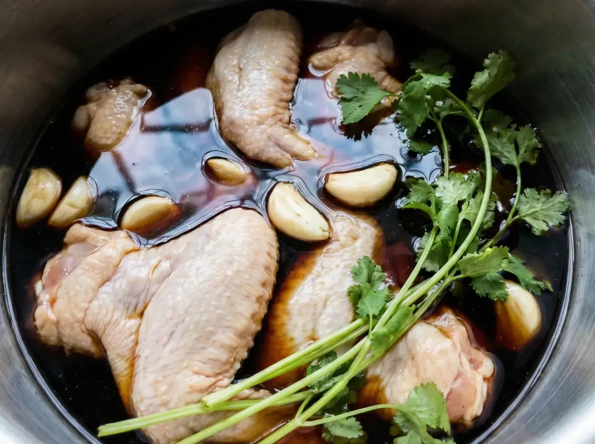 Rohe Cola-Hähnchenflügel liegen in einem Topf mit dunkler Marinade, Knoblauchzehen und frischem Koriander.