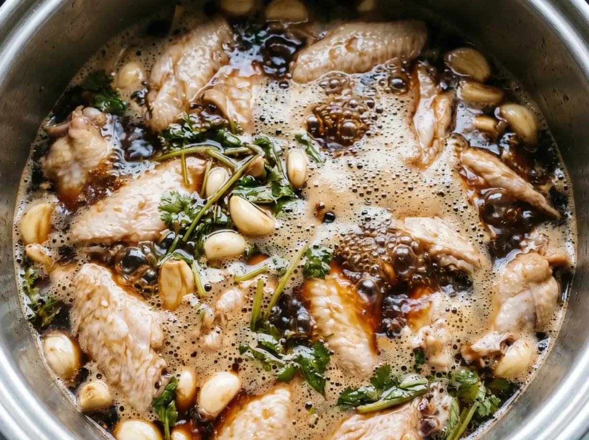 Cola-Hähnchenflügel köcheln in einem Topf in einer dunklen, sprudelnden und schaumigen Sauce mit Knoblauch.