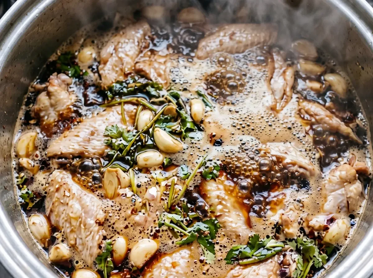 Die dunkle Sauce der Cola-Hähnchenflügel reduziert im Topf dampfend ein, während das Fleisch gart.
