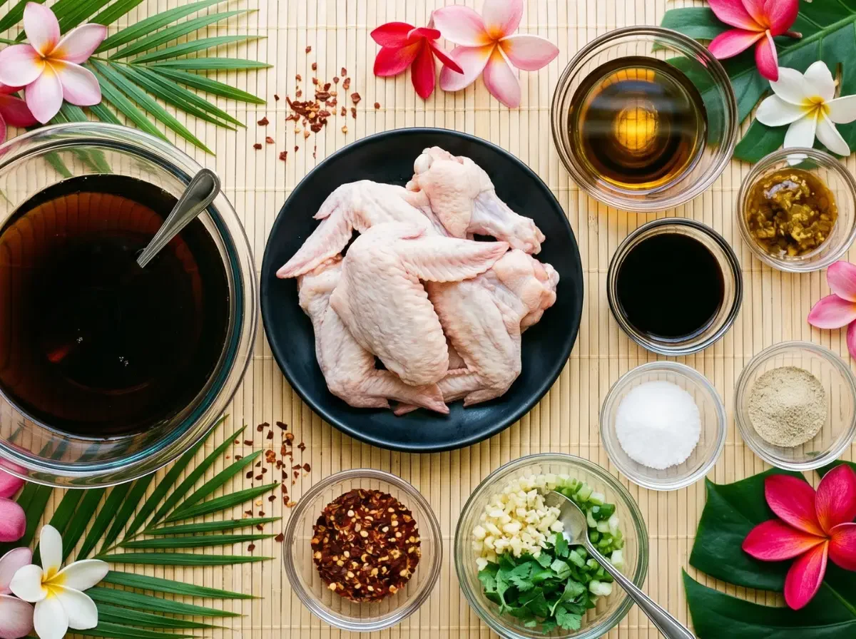 Alle Zutaten für Cola-Hähnchenflügel auf einer Bambusmatte angerichtet, darunter rohe Wings, Sojasauce, Cola und verschiedene Gewürze.