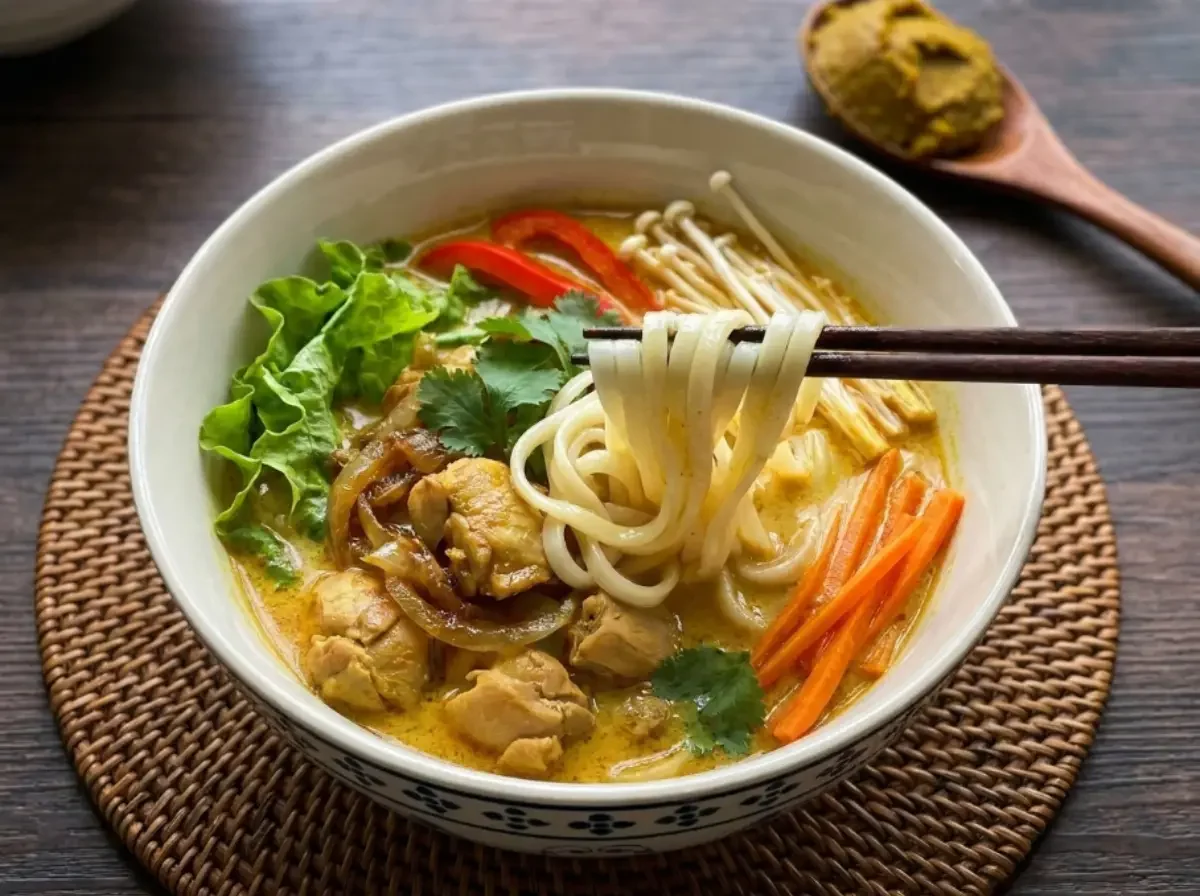 Dunkle Essstäbchen heben lange Reisnudeln aus einer dampfenden gelben Thai Curry Nudelsuppe. In der hellen Kokos-Brühe liegen saftige Hähnchenstücke, Karottenstreifen, Paprika und frischer Koriander.