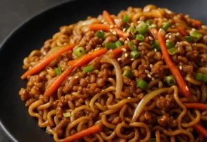 Die Besten gebratenen Ramen nach unserem Instant Ramen Rezept zubereitet, serviert auf einem dunklen Teller.