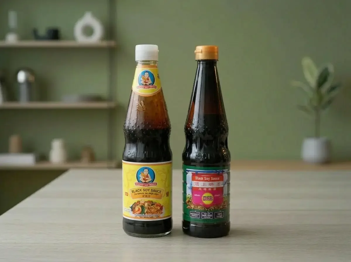 Thai Saucen: dunkle Sojasauce (Black Soy Sauce) in zwei Flaschen für Wokgerichte und Marinaden