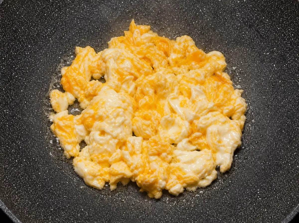 Rührei in der Pfanne als Vorbereitung für Gebratene Gurke mit Ei – klassisches Thai-Gericht aus der Wok-Küche.