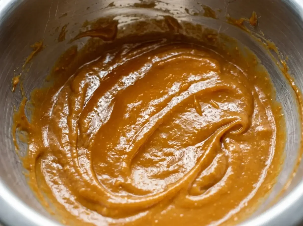 Cremige Thai-Erdnusssauce in einer Metallschüssel, glatt gerührt und glänzend.