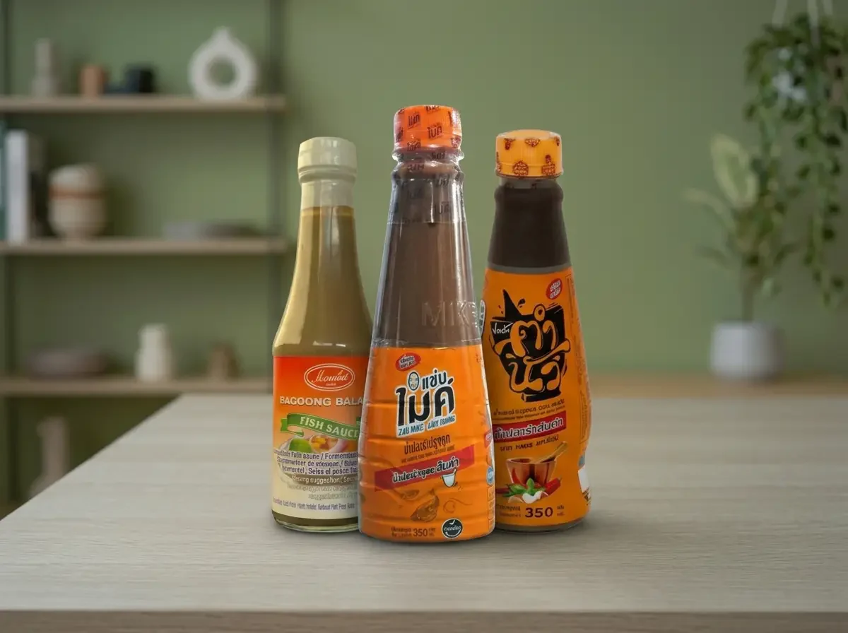 Thai Saucen Auswahl mit Fischsauce und weiteren Würzsaucen in drei Flaschen für authentische Thai Küche