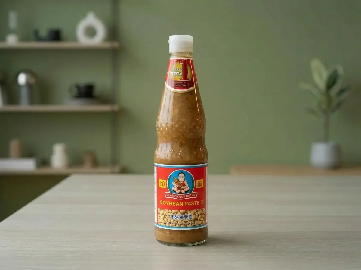 Thai Saucen: Sojabohnenpaste in Flasche als Würzmittel für thailändische Rezepte auf dem Küchentisch