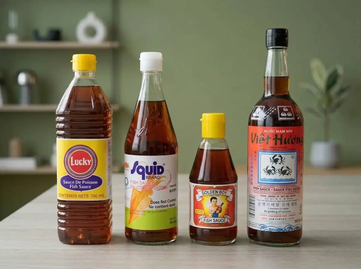 Thai Saucen: verschiedene Fischsaucen in Flaschen als Basis-Zutat für Pad Thai, Currys und Dips