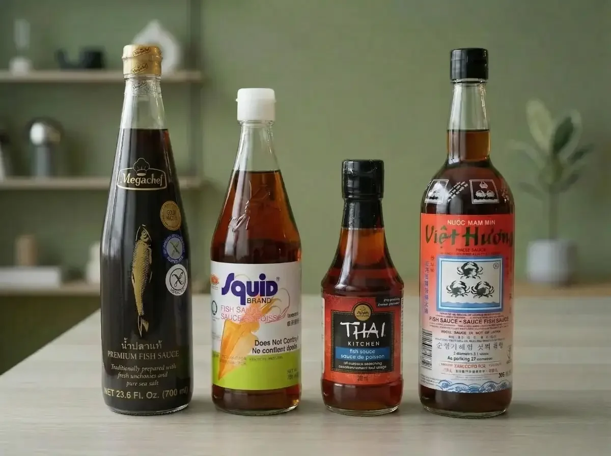 Fischsauce in verschiedenen Flaschen als Auswahl für asiatische und thailändische Küche auf dem Küchentisch