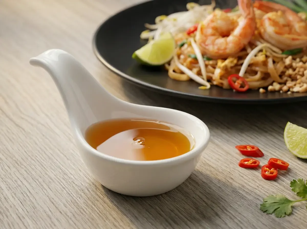 Fischsauce in weißem Löffelschälchen in Nahaufnahme, mit Pad Thai, Chili und Limette im Hintergrund