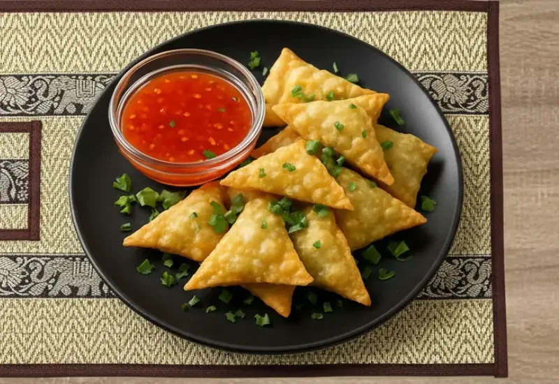 Ein schwarzer Teller mit mehreren goldbraun frittierten Wan Tan, gefüllt mit Hackfleisch, die in eine dreieckige Form haben. Daneben befindet sich eine kleine Schüssel mit Sweet-Chilisauce, garniert mit frischen, gehackten Kräutern. Der Hintergrund zeigt ein dekoratives, gemustertes Tisch-Set.