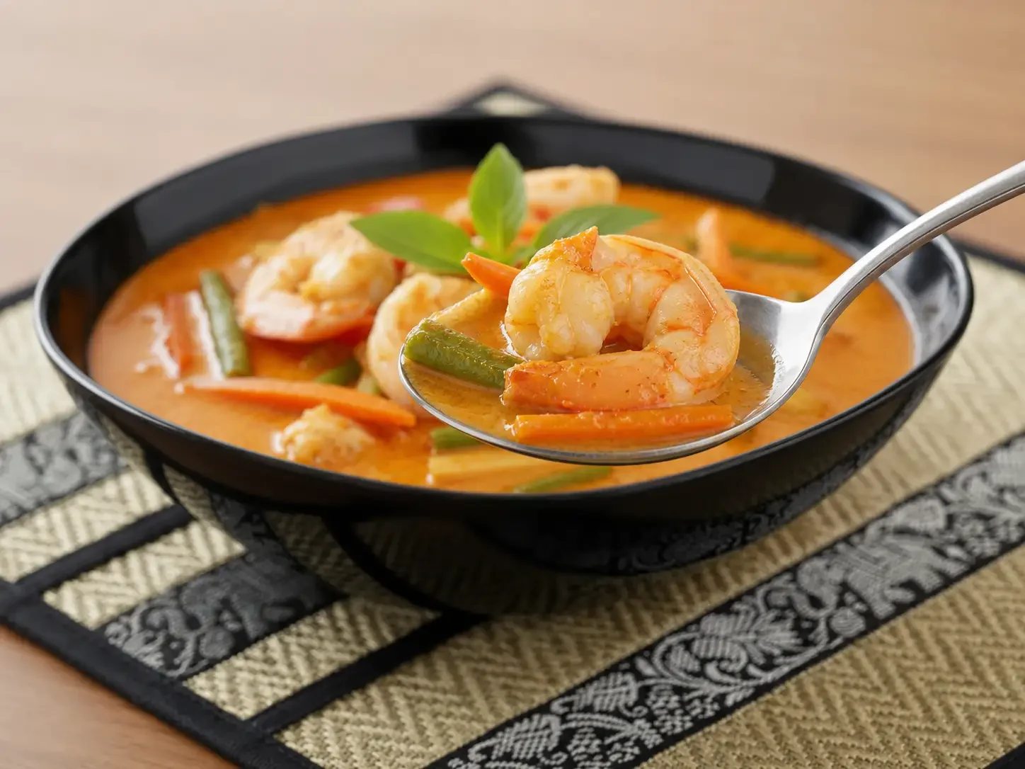 Gaeng Ped Gung auf einem Löffel in Detailaufnahme. Auf dem Teller ist ein authentisches rotes Thai Curry mit Garnelen, das reich an Aromen und Farben ist. Das Gericht enthält zarte Garnelen, lange grüne Bohnen, Bambussprossen und in Streifen geschnittene Karotten.