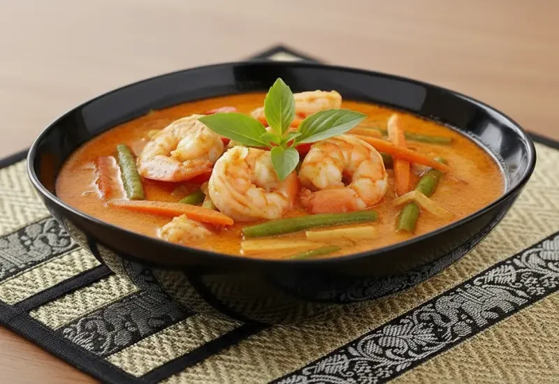 Gaeng Ped Gung ist ein authentisches rotes Thai Curry mit Garnelen, das reich an Aromen und Farben ist. Das Gericht enthält zarte Garnelen, lange grüne Bohnen, Bambussprossen und in Streifen geschnittene Karotten. Garniert mit frischem heiligem Basilikum, wird es in einem eleganten dunklen Teller präsentiert, der auf einer dekorativen Matte steht.