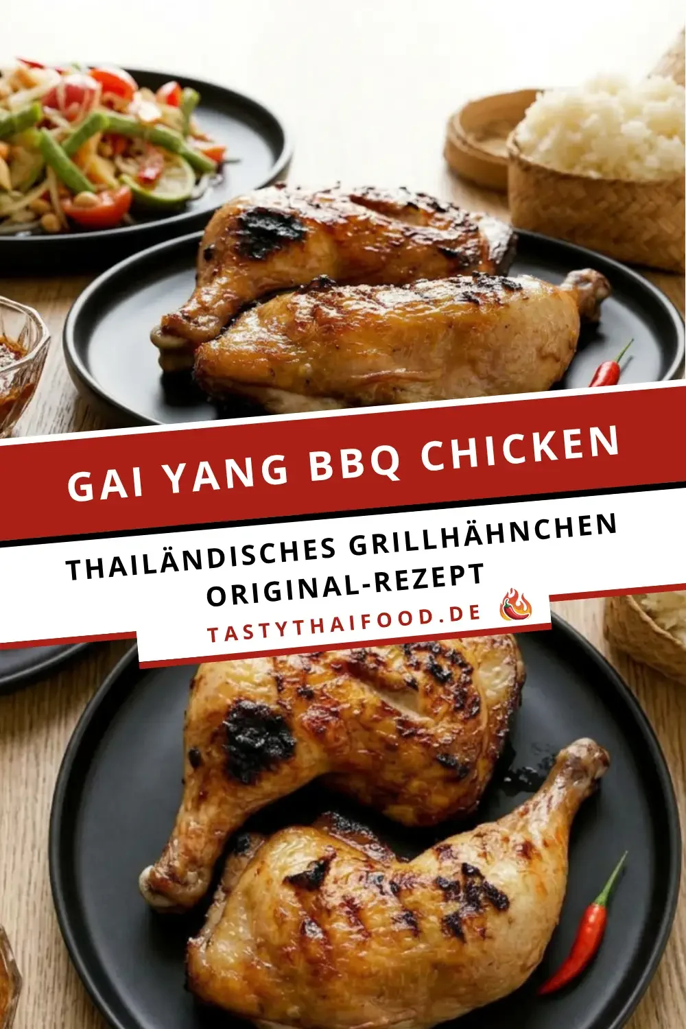 Gai Yang Rezeptgrafik mit thailändischem Grillhähnchen, Klebreis, Papayasalat und Dip-Sauce auf schwarzem Teller.