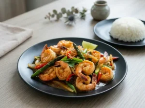 Goong Pad Nam Prik Pao mit gebratenen Garnelen, grünem Spargel, Chili und Nam Prik Pao, serviert mit Reis