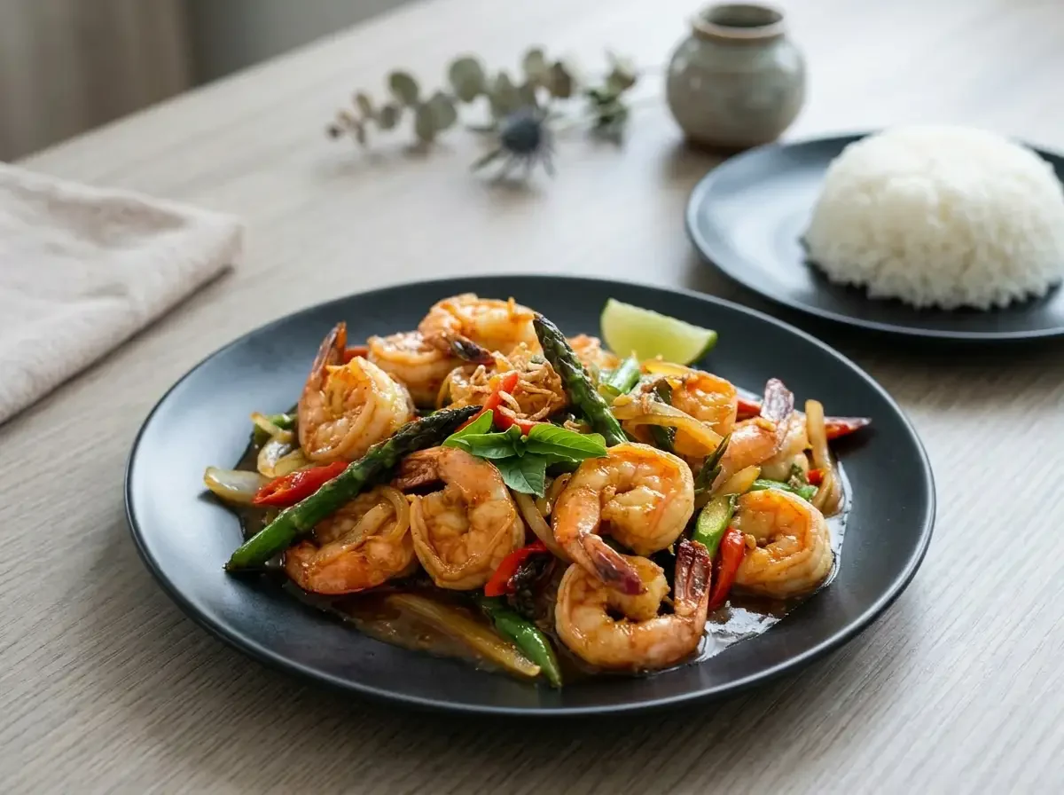 Goong Pad Nam Prik Pao mit gebratenen Garnelen, grünem Spargel, Chili und Nam Prik Pao, serviert mit Reis