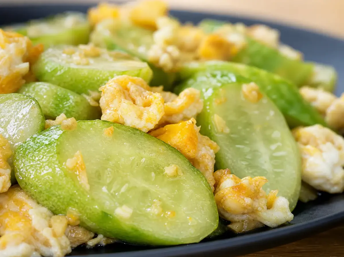 Gebratene Gurke mit Ei in Nahaufnahme, saftige Gurkenscheiben mit zartem Ei – einfaches Rezept aus der thailändischen Küche.
