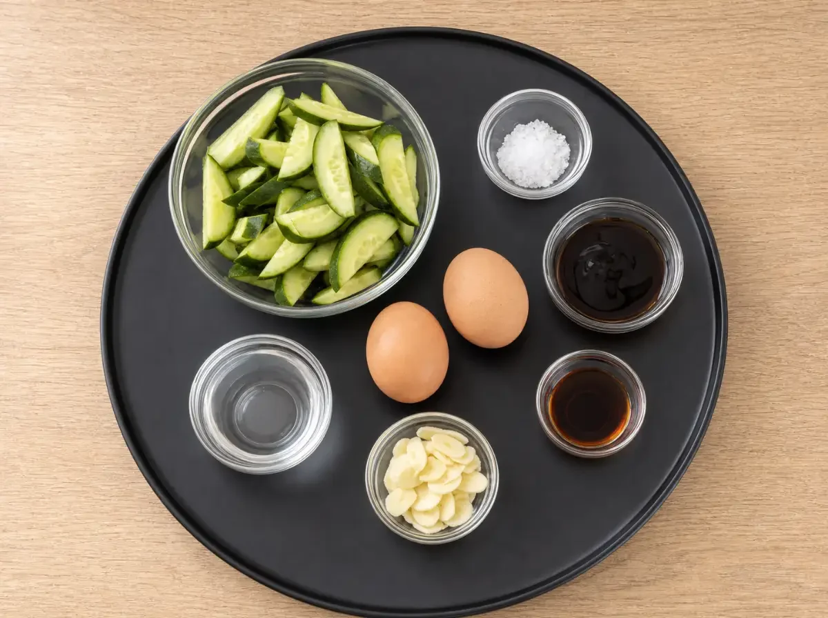 Zutaten für Gebratene Gurke mit Ei: frische Gurken, Eier, Knoblauch, Sojasauce und Gewürze – Basis für ein Thai-Rezept.