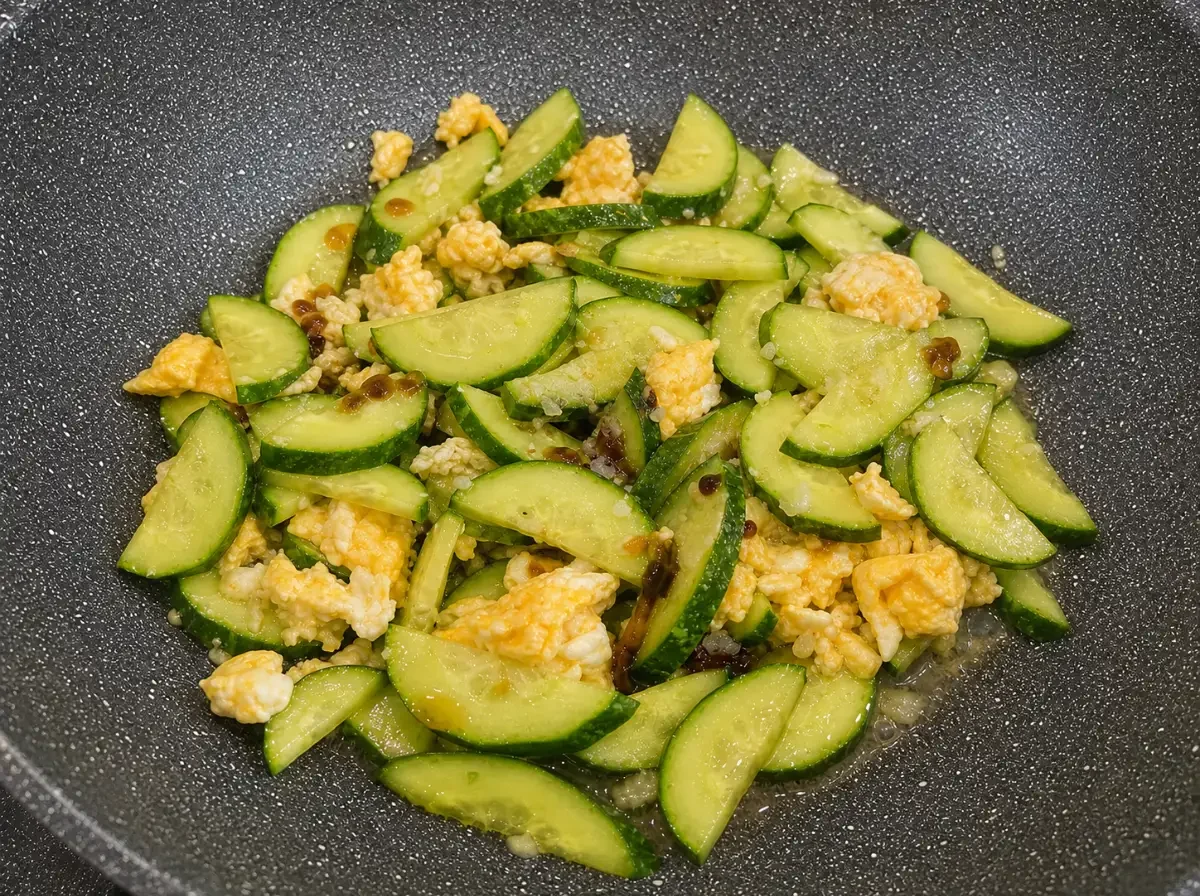 Gebratene Gurke mit Ei im Wok, mit Knoblauch und Sauce verfeinert – typisch für die schnelle Thai-Küche.