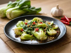 Gebratener Pak Choi mit Knoblauch und roten Chiliringen in dunkler Soße auf einem schwarzen Teller, im Hintergrund liegen frischer Pak Choi und eine Knoblauchknolle.
