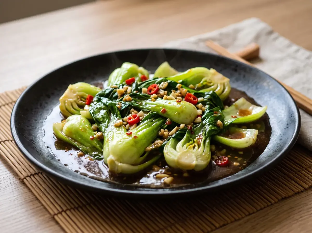Frisch servierter gebratener Pak Choi mit Knoblauch und herzhafter Soße auf einer Bambusmatte, daneben asiatische Essstäbchen.