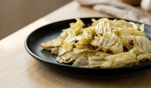 Eine Portion Gebratener Spitzkohl mit Fischsauce auf einem schwarzen Teller. Die einzelnen Kohlblätter haben leicht angeröstete, karamellisierte Ränder und glänzen appetitlich. Serviert auf einem hellen Holztisch.