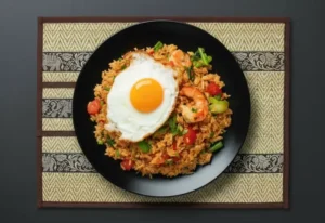 Ein Teller mit gebratenem Tom Yum Reis, der mit Garnelen, frischen Kräutern, Tomaten und einem Spiegelei garniert ist. Der Reis hat eine goldene Farbe und wird auf einem dekorativen Tischset präsentiert.