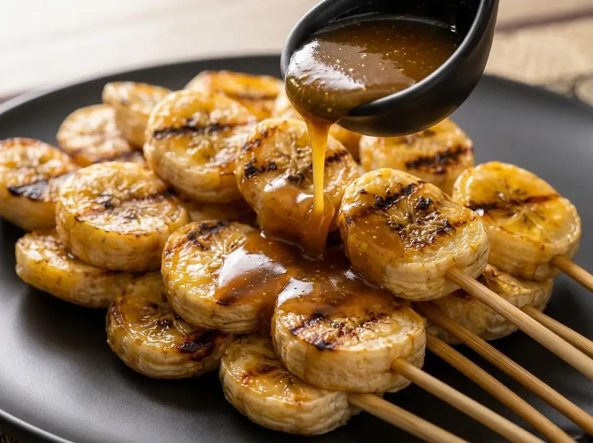 Gegrillte Bananen mit Kokos-Karamell-Sauce, Sauce wird über Bananenspieße auf schwarzem Teller gegossen