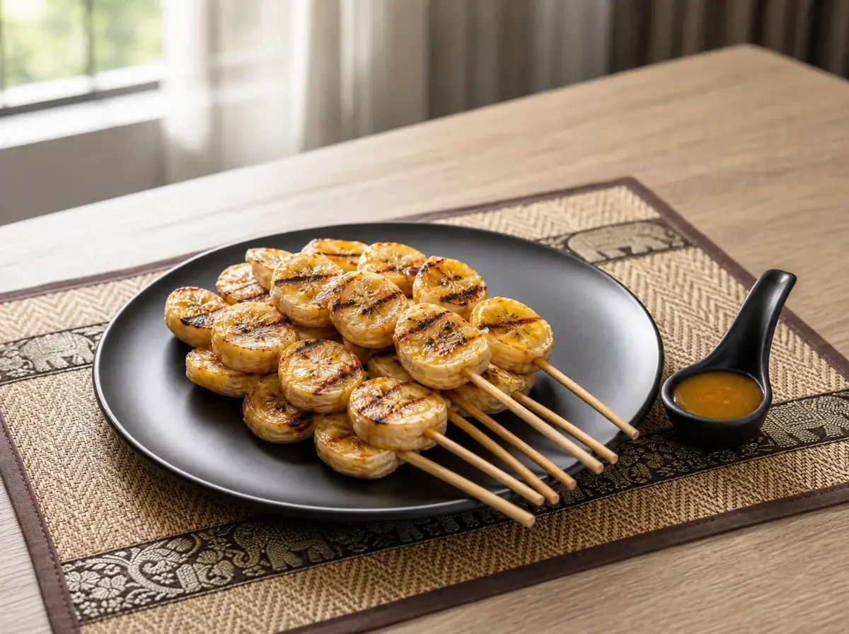 Gegrillte Bananen mit Kokos-Karamell-Sauce auf schwarzem Teller, serviert als Bananenspieße mit Dip-Sauce daneben