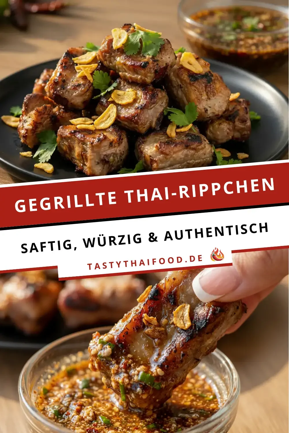 Zweiteilige Collage. Oben: Ein dunkler Teller voll aufgetürmter, saftig gegrillter Thai-Rippchen, garniert mit knusprigen Röstknoblauch-Scheiben und frischem Koriander. Unten: Eine Hand dippt ein gegrilltes Rippchen in eine kleine Glasschüssel mit einem würzigen, dunklen Thai-Dip mit Chili und Kräutern. In der Mitte steht auf einem roten und weißen Banner der Text: "Gegrillte Thai-Rippchen - Saftig, würzig & authentisch.