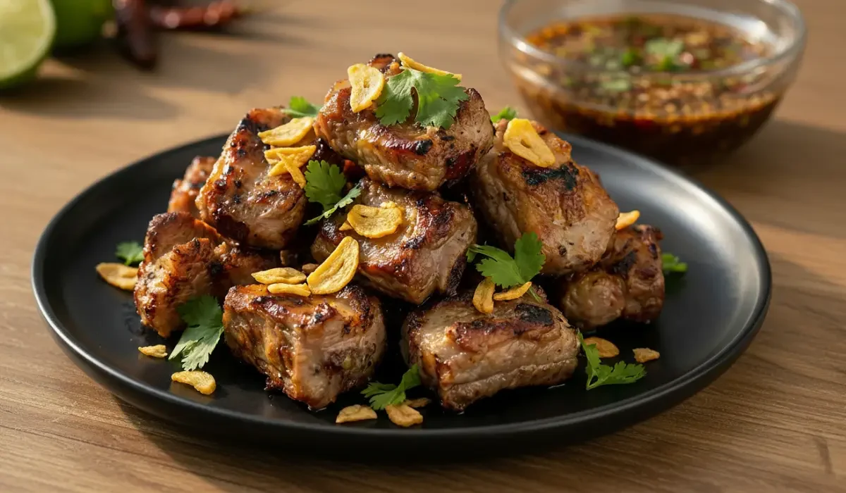 Gegrillte Thai-Rippchen auf schwarzem Teller mit knusprigem Knoblauch, Koriander und würziger Dip-Sauce