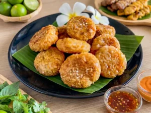 Gegrillter Klebreis auf schwarzem Teller mit Bananenblatt, goldbraun geröstet und serviert mit Thai Dips