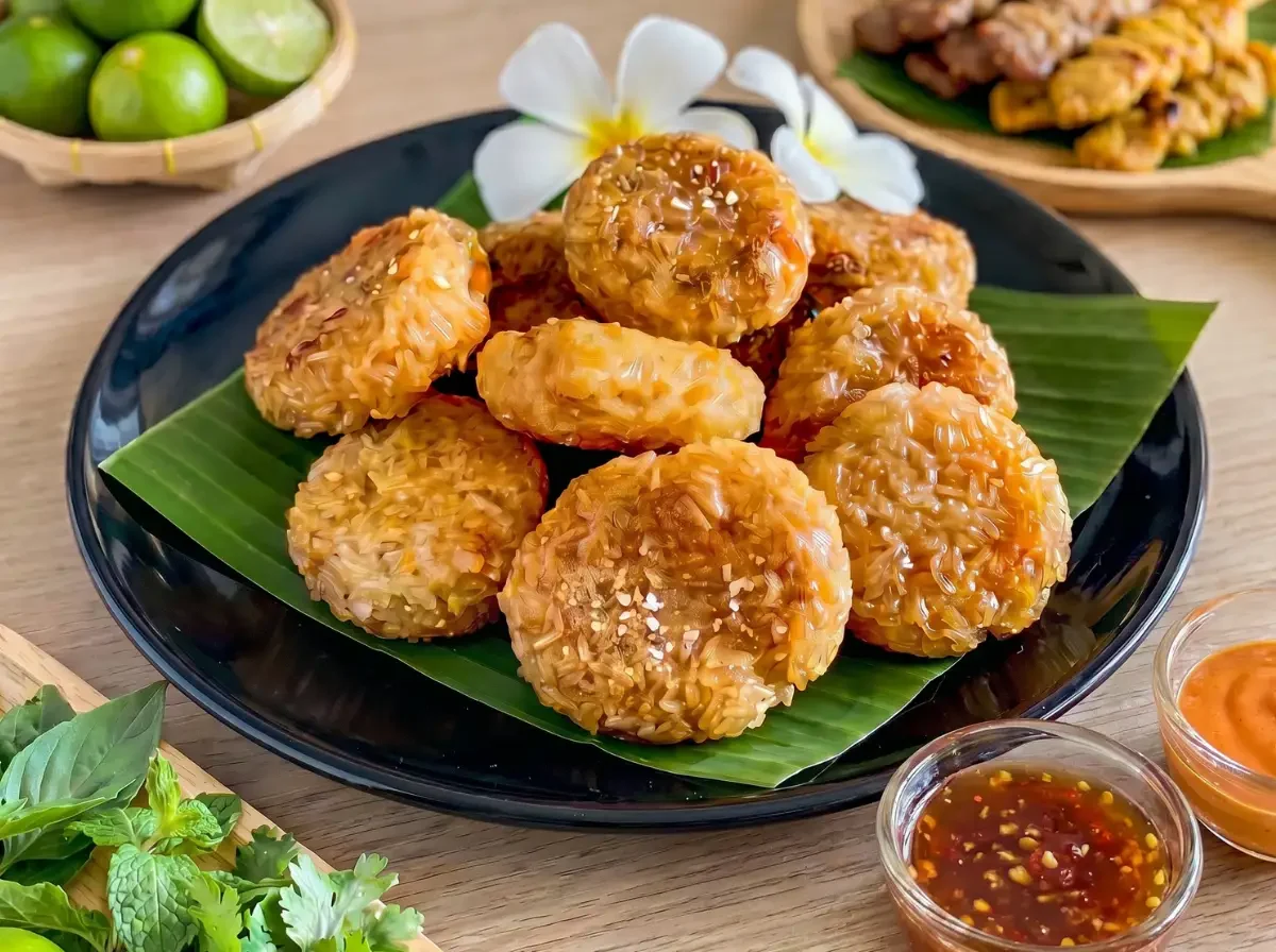 Gegrillter Klebreis auf schwarzem Teller mit Bananenblatt, goldbraun geröstet und serviert mit Thai Dips