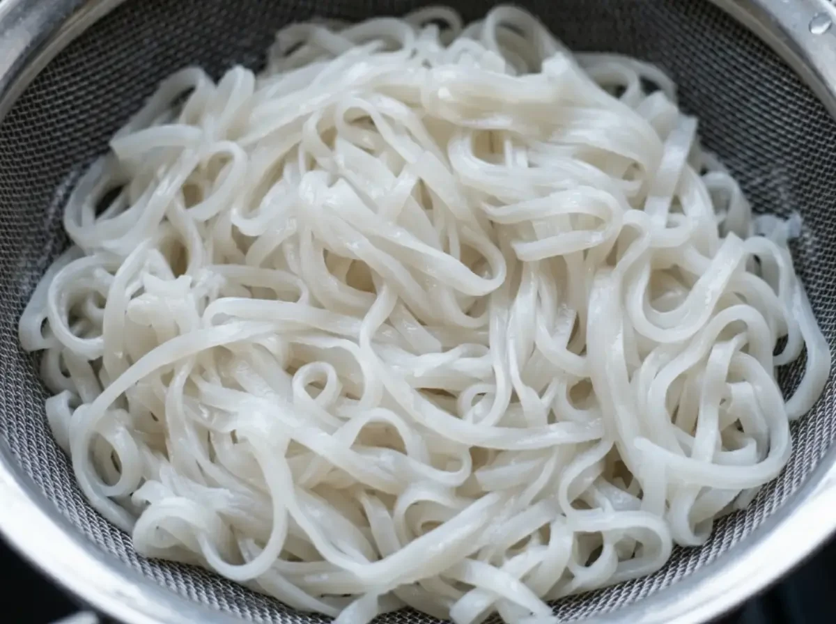 Frisch gekochte Reisnudeln, die in einem Küchensieb abtropfen, bereit für die Zubereitung der Thailändischen Erdnuss-Nudeln.