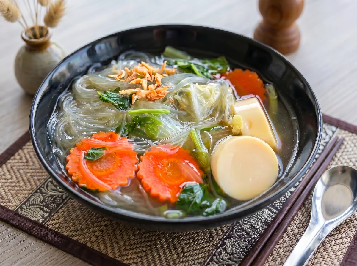 Thailändische Gemüsesuppe (Tom Jued) mit Glasnudeln, Karotten, Kohl, Tofu und Kräutern in klarer Brühe