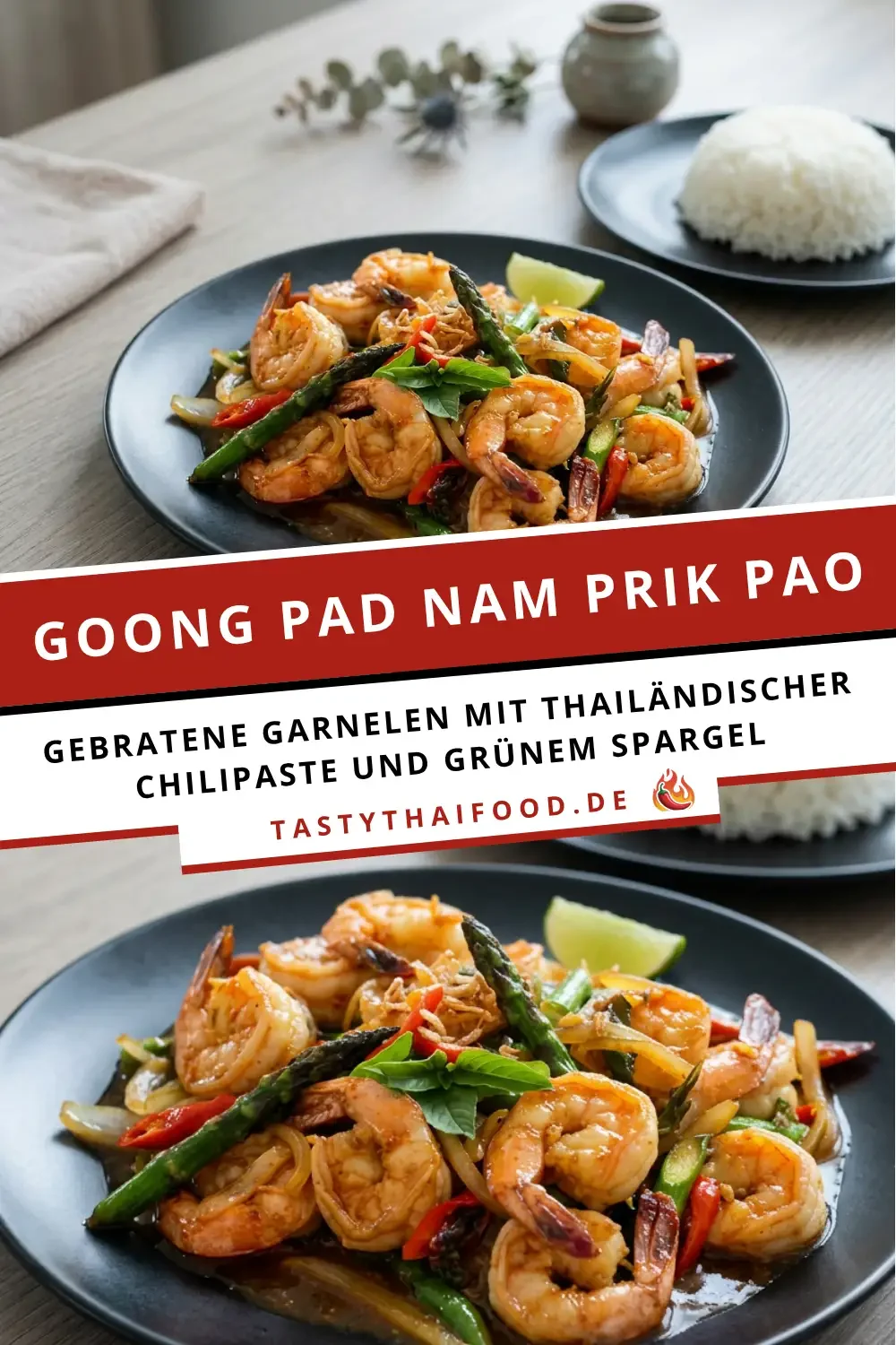Goong Pad Nam Prik Pao Rezeptgrafik mit gebratenen Garnelen, thailändischer Chili-Paste, grünem Spargel und Reis