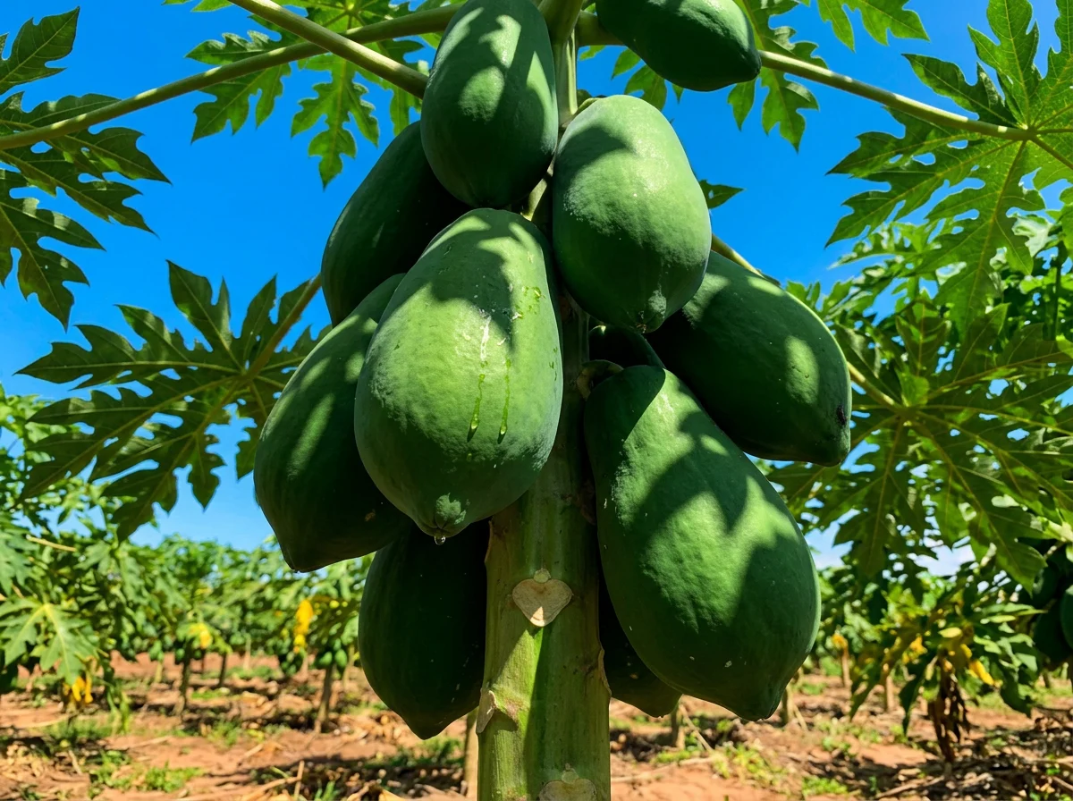 Papaya am Baum: grüne, unreife Papayas hängen in einem Cluster an einer Papayapflanze unter blauem Himmel.