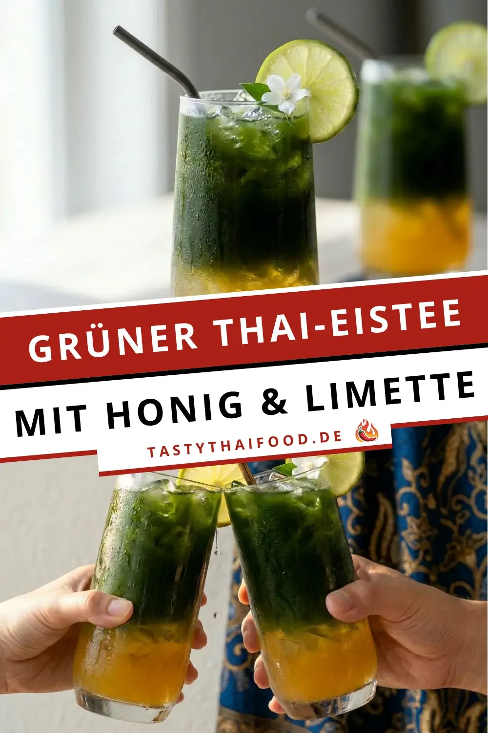 Grüner Thai-Tee als Thai-Eistee mit Honig und Limette, Rezeptgrafik mit zwei Fotos und Titelbanner