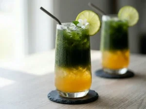 Grüner Thai-Tee als gekühlter Thai-Eistee im Glas mit Eis, Limettenscheibe und Honig im Hintergrund